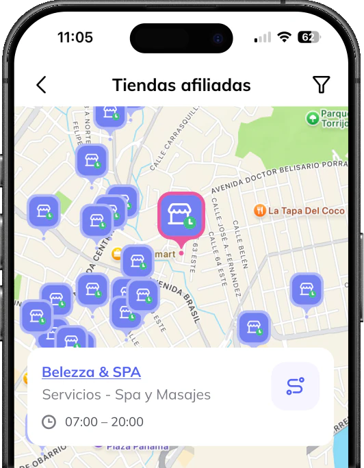 Mapa de tiendas afiliadas a Cuotas en la app de Punto Pago